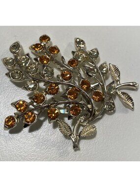 Vintage Coro Brooch Amber Rhinestones Tree Branch Leaves Gold Tone Pin 2.5”
